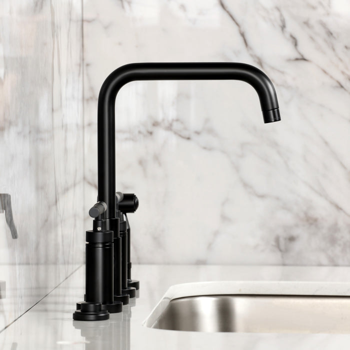 Kingston Sona KS8280CKLBS - Kaiser Two-Handle 4-Hole Deck Mount Bridge Kitchen Faucet with Brass Sprayer, Matte Black