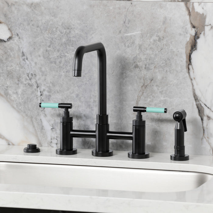 Kingston Sona KS8280CKLBS - Kaiser Two-Handle 4-Hole Deck Mount Bridge Kitchen Faucet with Brass Sprayer, Matte Black