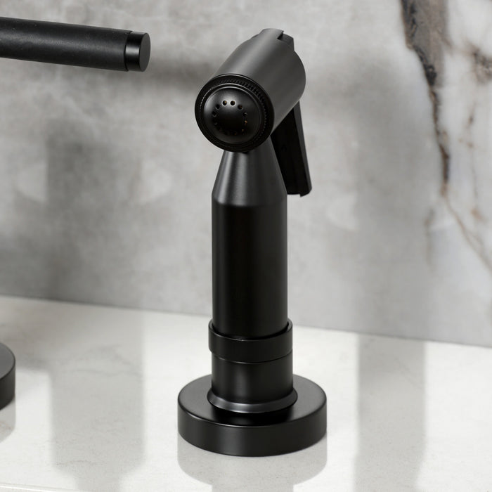 Kingston Sona KS8280CKLBS - Kaiser Two-Handle 4-Hole Deck Mount Bridge Kitchen Faucet with Brass Sprayer, Matte Black