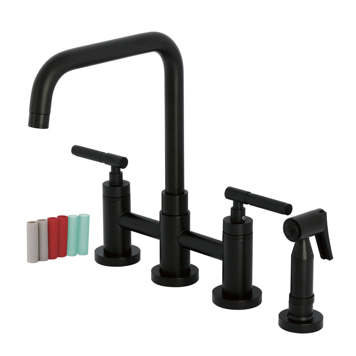 Kingston Sona KS8280CKLBS - Kaiser Two-Handle 4-Hole Deck Mount Bridge Kitchen Faucet with Brass Sprayer, Matte Black