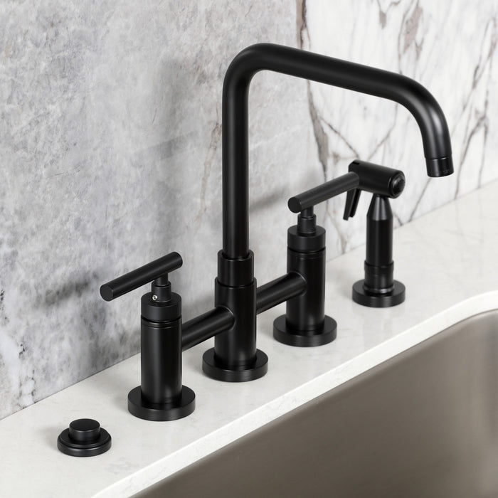 Kingston Sona KS8280CMLBS - Manhattan Two-Handle 4-Hole Deck Mount Bridge Kitchen Faucet with Brass Sprayer, Matte Black