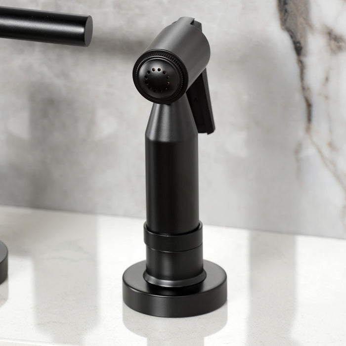 Kingston Sona KS8280CMLBS - Manhattan Two-Handle 4-Hole Deck Mount Bridge Kitchen Faucet with Brass Sprayer, Matte Black