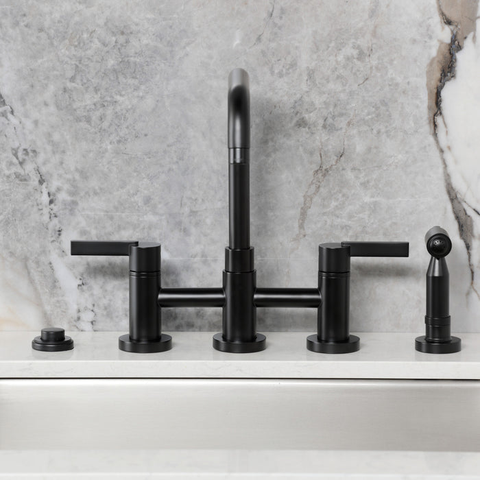 Kingston Sona KS8280CTLBS - Continental Two-Handle 4-Hole Deck Mount Bridge Kitchen Faucet with Brass Sprayer, Matte Black