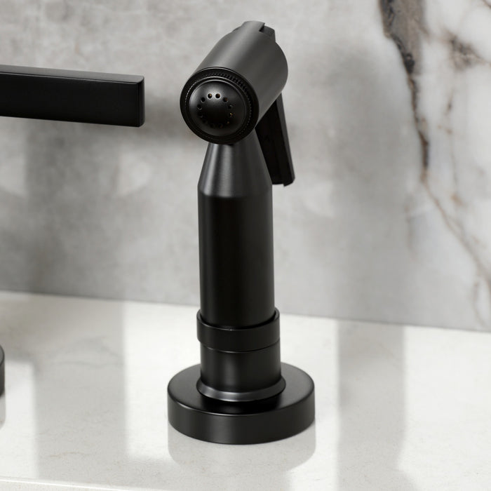 Kingston Sona KS8280CTLBS - Continental Two-Handle 4-Hole Deck Mount Bridge Kitchen Faucet with Brass Sprayer, Matte Black
