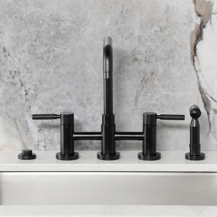 Kingston Sona KS8280DKLBS - Kaiser Two-Handle 4-Hole Deck Mount Bridge Kitchen Faucet with Brass Sprayer, Matte Black