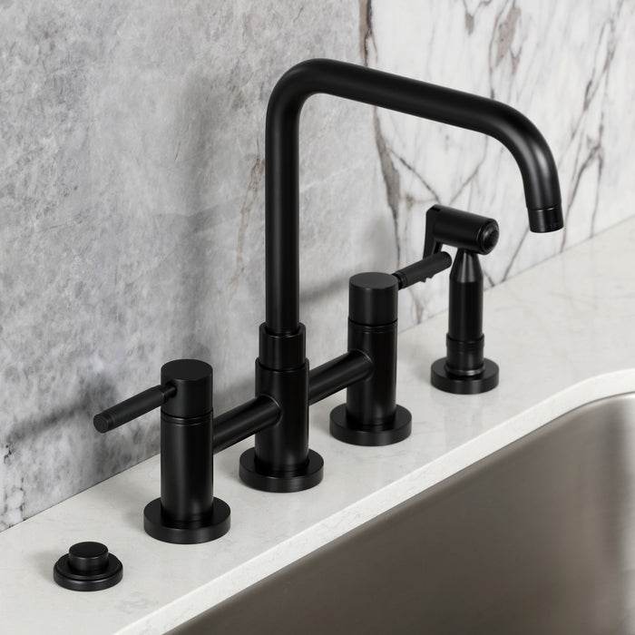 Kingston Sona KS8280DKLBS - Kaiser Two-Handle 4-Hole Deck Mount Bridge Kitchen Faucet with Brass Sprayer, Matte Black