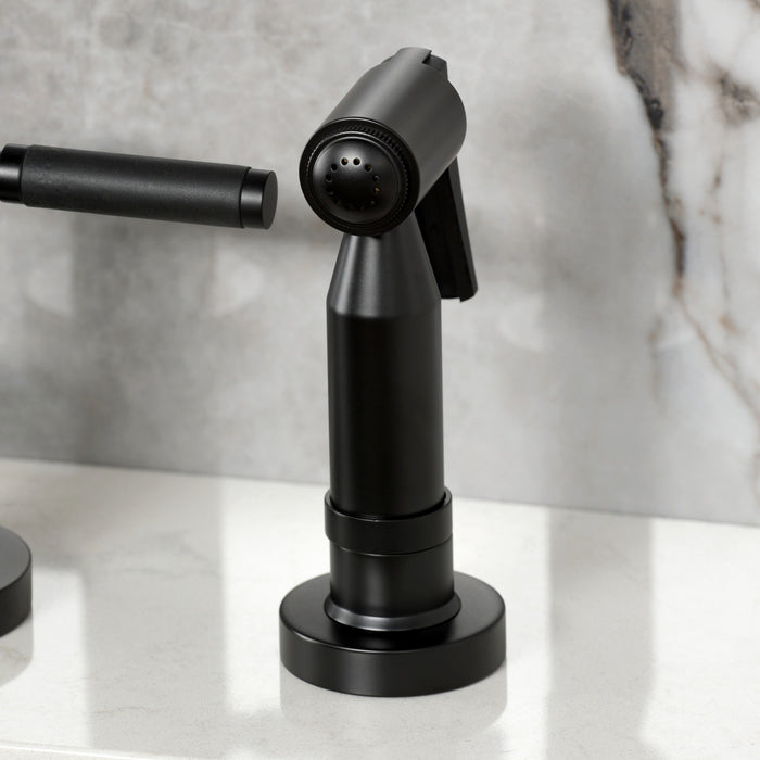 Kingston Sona KS8280DKLBS - Kaiser Two-Handle 4-Hole Deck Mount Bridge Kitchen Faucet with Brass Sprayer, Matte Black