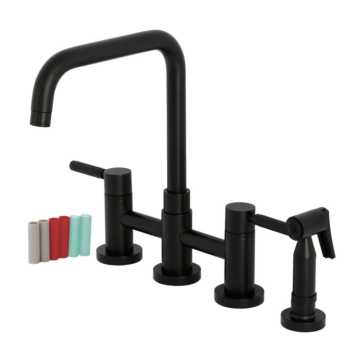 Kingston Sona KS8280DKLBS - Kaiser Two-Handle 4-Hole Deck Mount Bridge Kitchen Faucet with Brass Sprayer, Matte Black