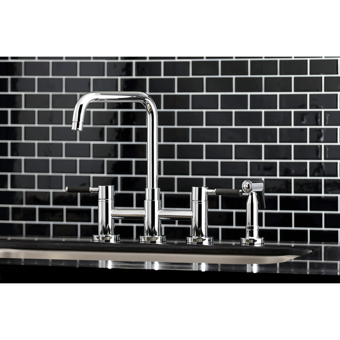 Kingston Sona KS8281DKLBS - Kaiser Two-Handle 4-Hole Deck Mount Bridge Kitchen Faucet with Brass Sprayer, Polished Chrome