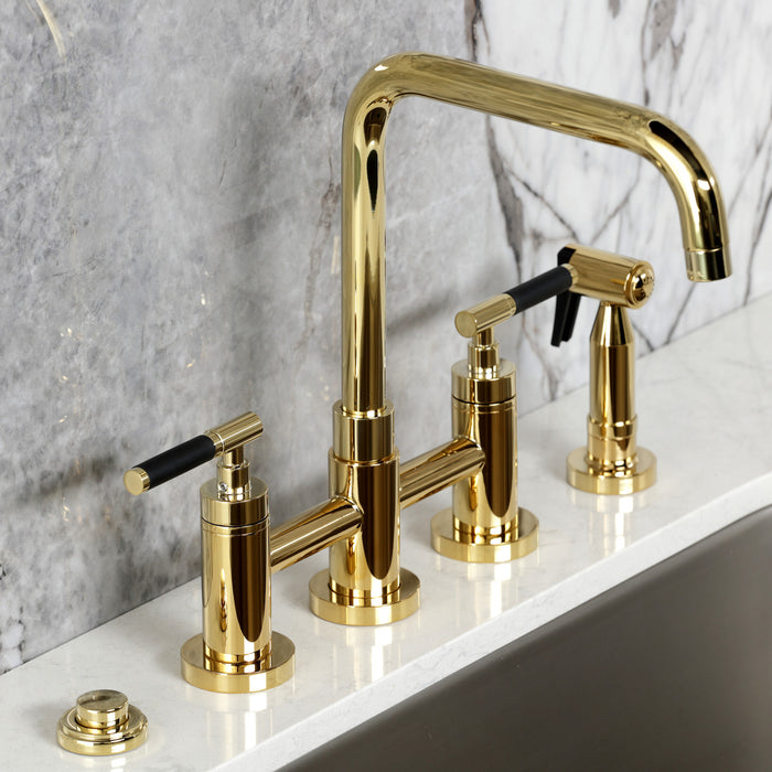 Kingston Sona KS8282CKLBS - Kaiser Two-Handle 4-Hole Deck Mount Bridge Kitchen Faucet with Brass Sprayer, Polished Brass