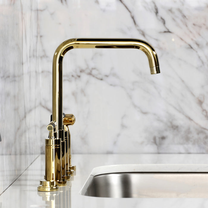 Kingston Sona KS8282CKLBS - Kaiser Two-Handle 4-Hole Deck Mount Bridge Kitchen Faucet with Brass Sprayer, Polished Brass