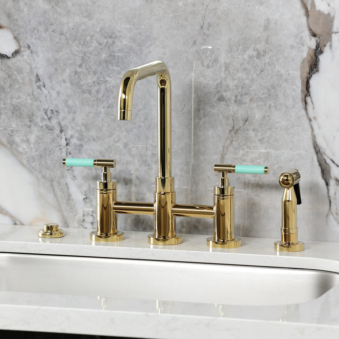 Kingston Sona KS8282CKLBS - Kaiser Two-Handle 4-Hole Deck Mount Bridge Kitchen Faucet with Brass Sprayer, Polished Brass