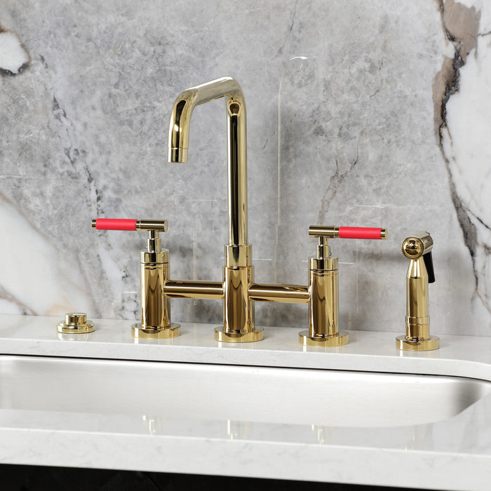 Kingston Sona KS8282CKLBS - Kaiser Two-Handle 4-Hole Deck Mount Bridge Kitchen Faucet with Brass Sprayer, Polished Brass