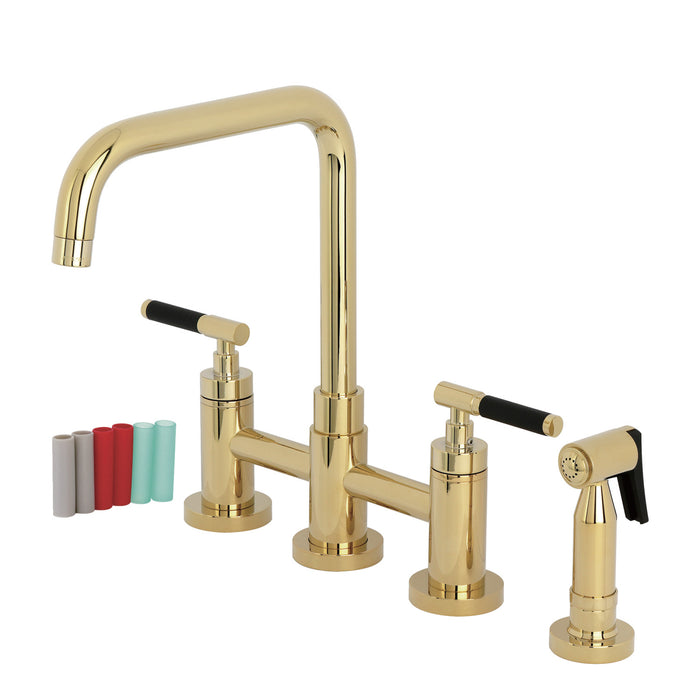 Kingston Sona KS8282CKLBS - Kaiser Two-Handle 4-Hole Deck Mount Bridge Kitchen Faucet with Brass Sprayer, Polished Brass
