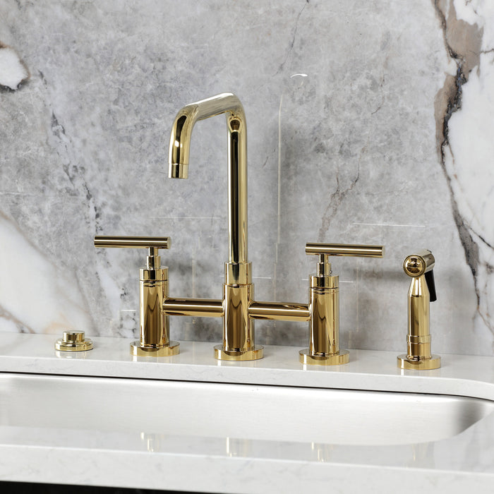 Kingston Sona KS8282CMLBS - Manhattan Two-Handle 4-Hole Deck Mount Bridge Kitchen Faucet with Brass Sprayer, Polished Brass
