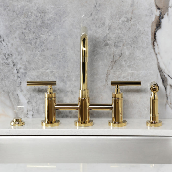 Kingston Sona KS8282CMLBS - Manhattan Two-Handle 4-Hole Deck Mount Bridge Kitchen Faucet with Brass Sprayer, Polished Brass