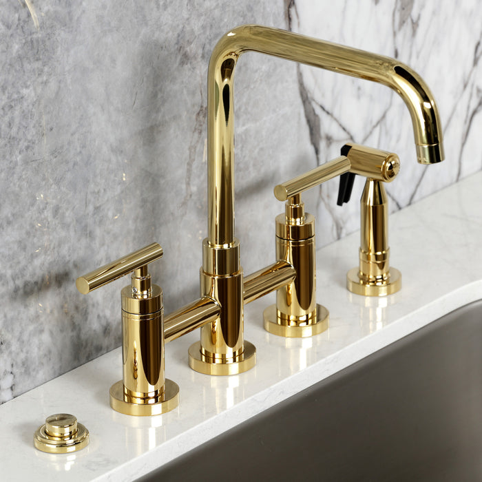Kingston Sona KS8282CMLBS - Manhattan Two-Handle 4-Hole Deck Mount Bridge Kitchen Faucet with Brass Sprayer, Polished Brass