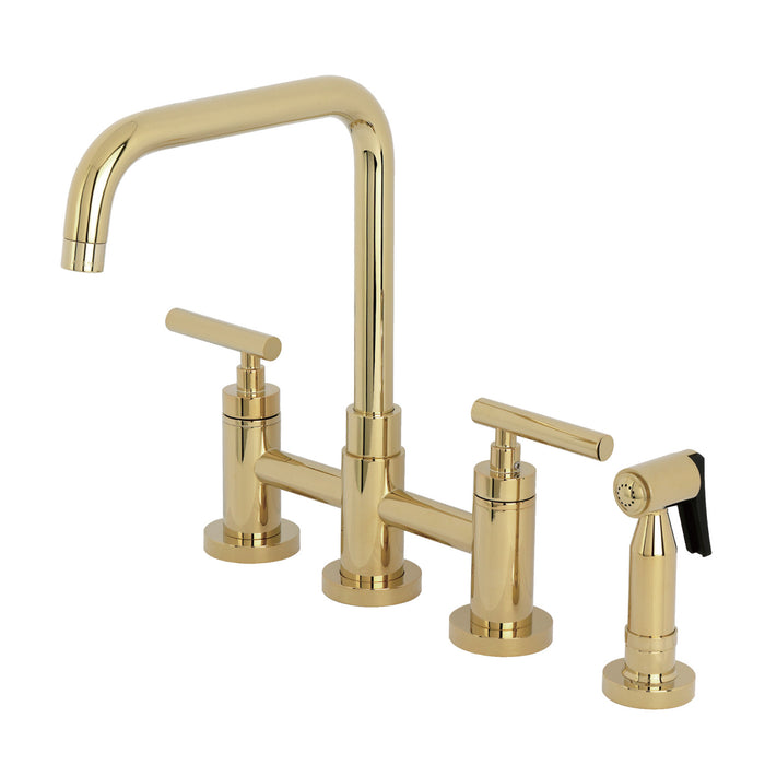 Kingston Sona KS8282CMLBS - Manhattan Two-Handle 4-Hole Deck Mount Bridge Kitchen Faucet with Brass Sprayer, Polished Brass