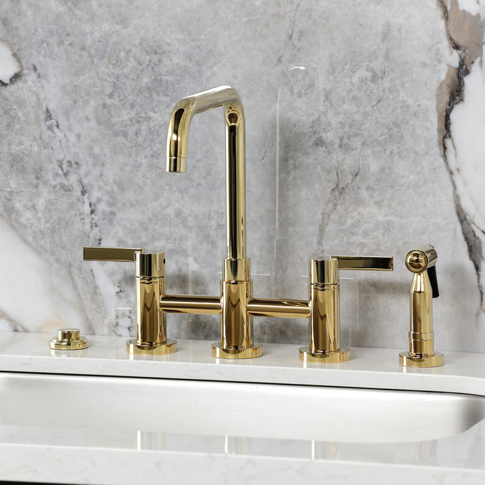 Kingston Sona KS8282CTLBS - Continental Two-Handle 4-Hole Deck Mount Bridge Kitchen Faucet with Brass Sprayer, Polished Brass