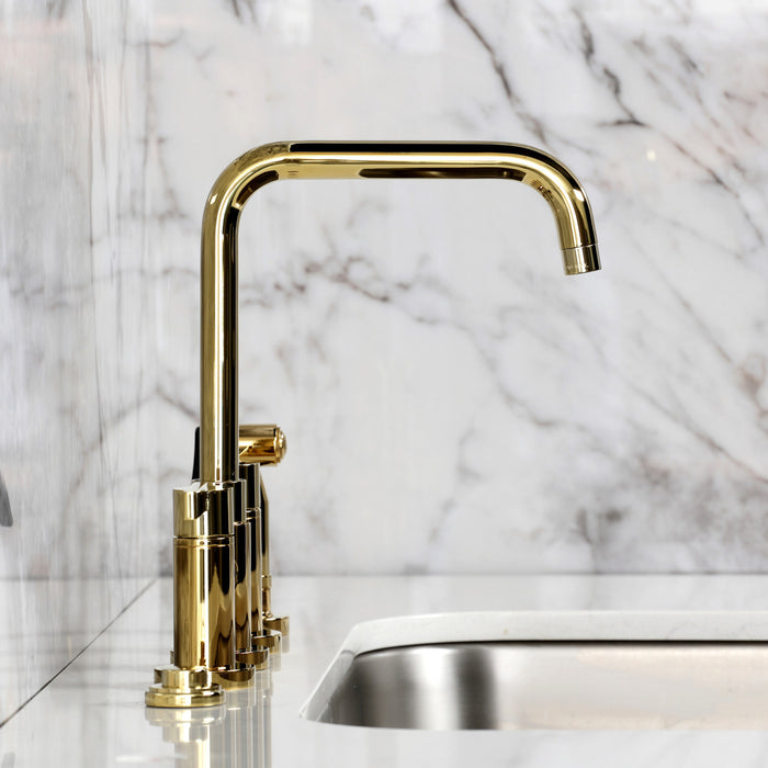 Kingston Sona KS8282CTLBS - Continental Two-Handle 4-Hole Deck Mount Bridge Kitchen Faucet with Brass Sprayer, Polished Brass