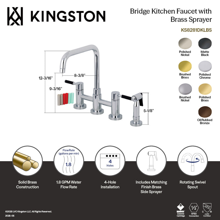 Kingston Sona KS8282DKLBS - Kaiser Two-Handle 4-Hole Deck Mount Bridge Kitchen Faucet with Brass Sprayer, Polished Brass