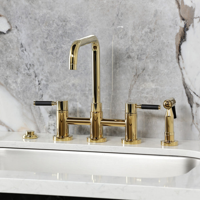 Kingston Sona KS8282DKLBS - Kaiser Two-Handle 4-Hole Deck Mount Bridge Kitchen Faucet with Brass Sprayer, Polished Brass