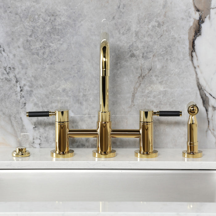 Kingston Sona KS8282DKLBS - Kaiser Two-Handle 4-Hole Deck Mount Bridge Kitchen Faucet with Brass Sprayer, Polished Brass