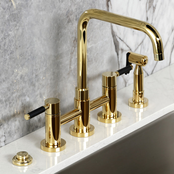 Kingston Sona KS8282DKLBS - Kaiser Two-Handle 4-Hole Deck Mount Bridge Kitchen Faucet with Brass Sprayer, Polished Brass