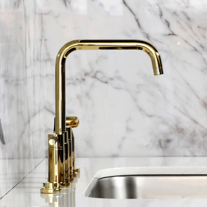Kingston Sona KS8282DKLBS - Kaiser Two-Handle 4-Hole Deck Mount Bridge Kitchen Faucet with Brass Sprayer, Polished Brass