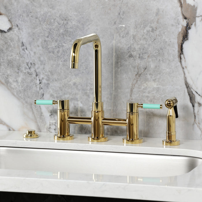 Kingston Sona KS8282DKLBS - Kaiser Two-Handle 4-Hole Deck Mount Bridge Kitchen Faucet with Brass Sprayer, Polished Brass