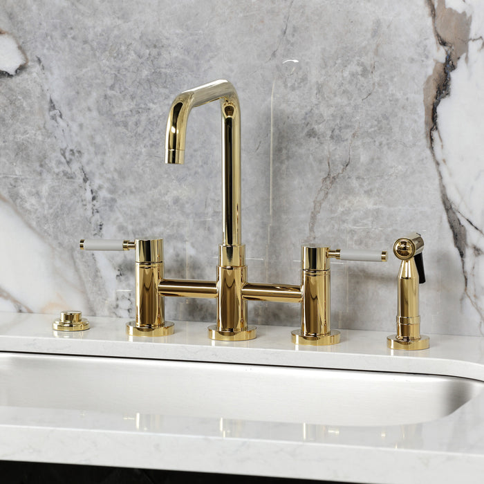 Kingston Sona KS8282DKLBS - Kaiser Two-Handle 4-Hole Deck Mount Bridge Kitchen Faucet with Brass Sprayer, Polished Brass