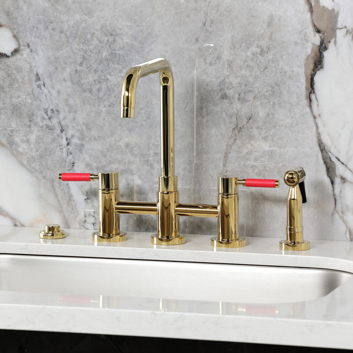 Kingston Sona KS8282DKLBS - Kaiser Two-Handle 4-Hole Deck Mount Bridge Kitchen Faucet with Brass Sprayer, Polished Brass