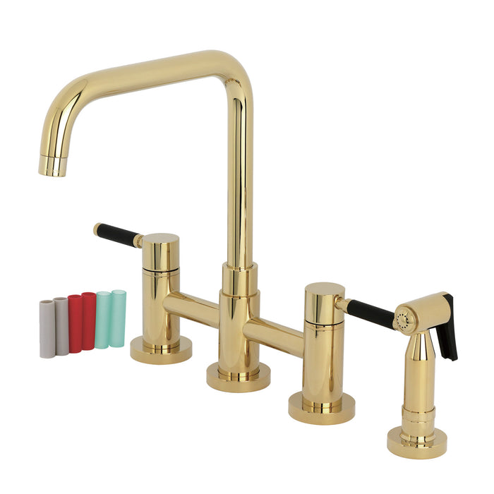 Kingston Sona KS8282DKLBS - Kaiser Two-Handle 4-Hole Deck Mount Bridge Kitchen Faucet with Brass Sprayer, Polished Brass