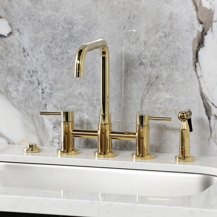 Kingston Sona KS8282DLBS - Concord Two-Handle 4-Hole Deck Mount Bridge Kitchen Faucet with Brass Sprayer, Polished Brass