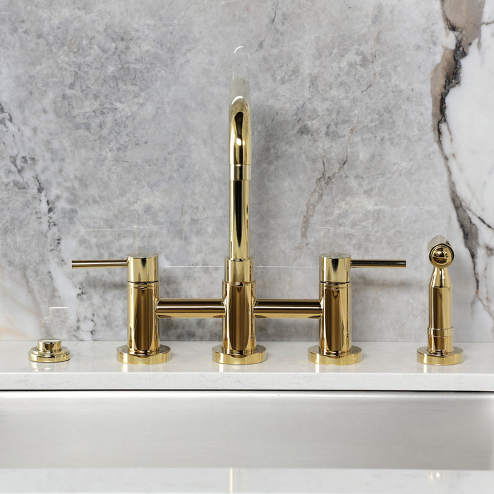 Kingston Sona KS8282DLBS - Concord Two-Handle 4-Hole Deck Mount Bridge Kitchen Faucet with Brass Sprayer, Polished Brass