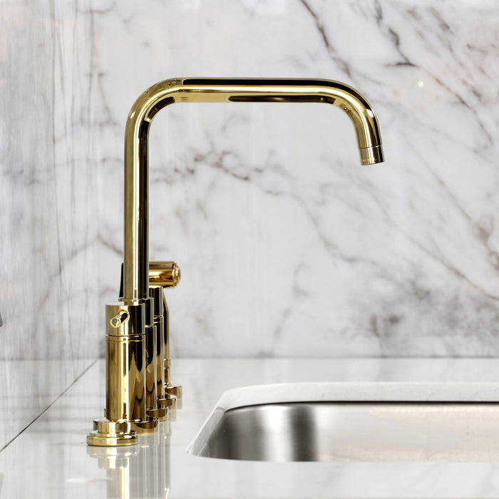 Kingston Sona KS8282DLBS - Concord Two-Handle 4-Hole Deck Mount Bridge Kitchen Faucet with Brass Sprayer, Polished Brass
