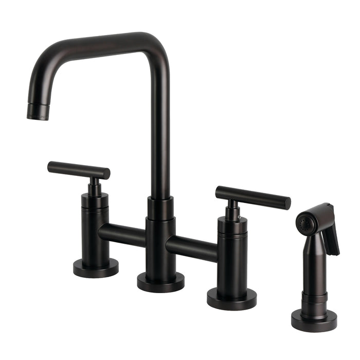 Kingston Sona KS8285CMLBS - Manhattan Two-Handle 4-Hole Deck Mount Bridge Kitchen Faucet with Brass Sprayer, Oil Rubbed Bronze