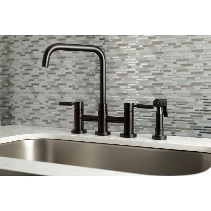 Kingston Sona KS8285DKLBS - Kaiser Two-Handle 4-Hole Deck Mount Bridge Kitchen Faucet with Brass Sprayer, Oil Rubbed Bronze