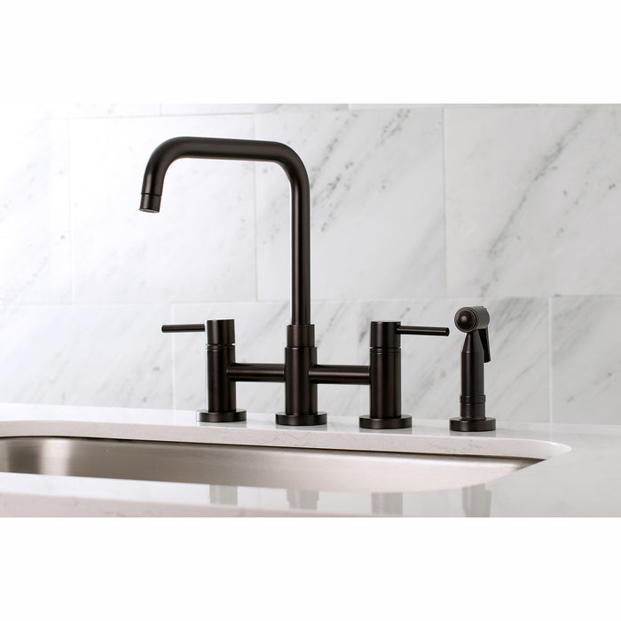 Kingston Sona KS8285DLBS - Concord Two-Handle 4-Hole Deck Mount Bridge Kitchen Faucet with Brass Sprayer, Oil Rubbed Bronze