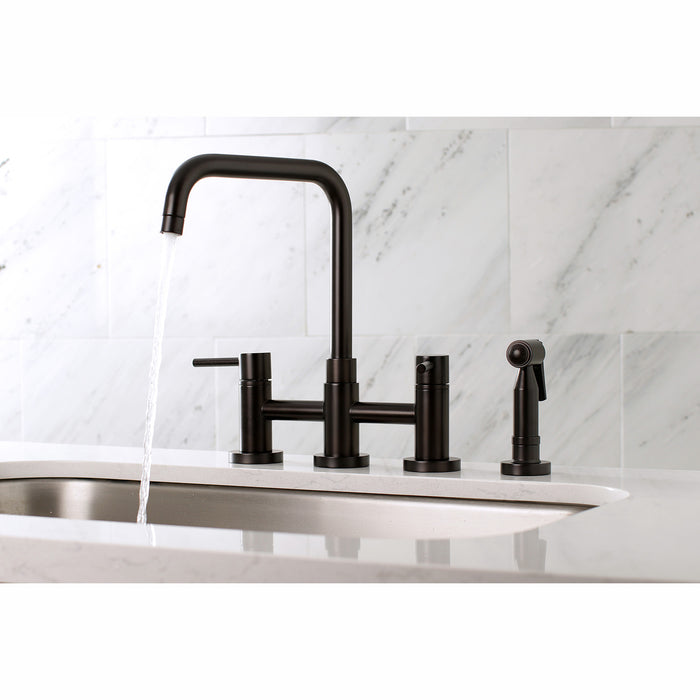 Kingston Sona KS8285DLBS - Concord Two-Handle 4-Hole Deck Mount Bridge Kitchen Faucet with Brass Sprayer, Oil Rubbed Bronze