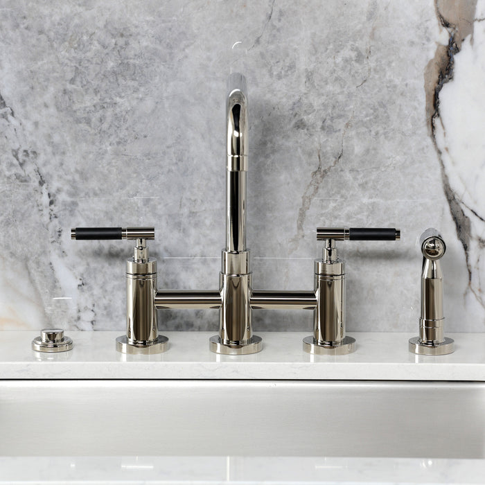 Kingston Sona KS8286CKLBS - Kaiser Two-Handle 4-Hole Deck Mount Bridge Kitchen Faucet with Brass Sprayer, Polished Nickel