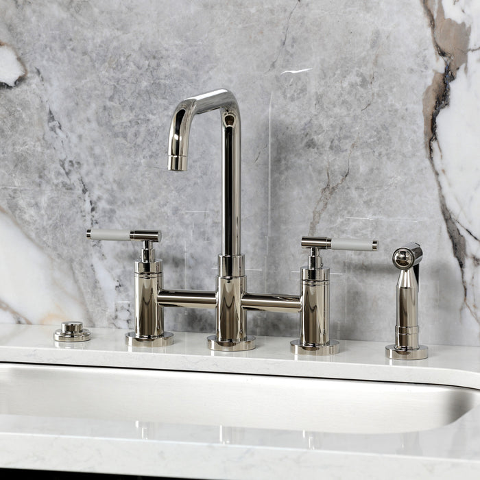 Kingston Sona KS8286CKLBS - Kaiser Two-Handle 4-Hole Deck Mount Bridge Kitchen Faucet with Brass Sprayer, Polished Nickel