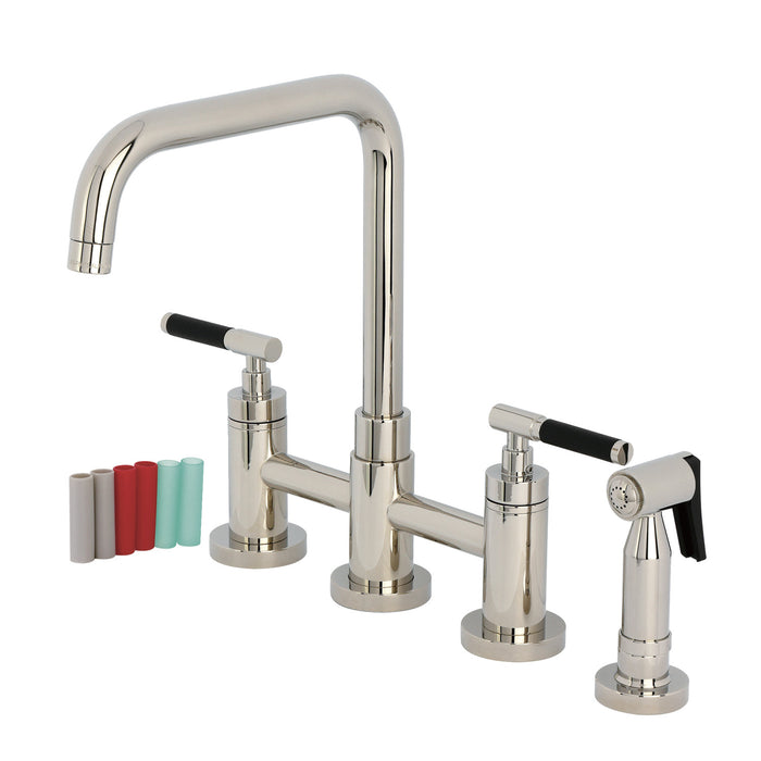 Kingston Sona KS8286CKLBS - Kaiser Two-Handle 4-Hole Deck Mount Bridge Kitchen Faucet with Brass Sprayer, Polished Nickel