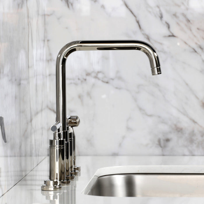 Kingston Sona KS8286CMLBS - Manhattan Two-Handle 4-Hole Deck Mount Bridge Kitchen Faucet with Brass Sprayer, Polished Nickel