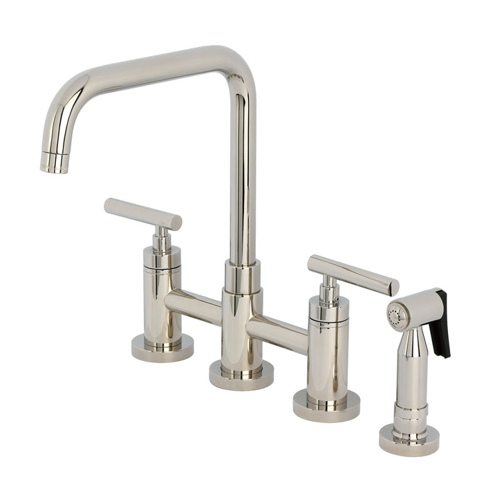 Kingston Sona KS8286CMLBS - Manhattan Two-Handle 4-Hole Deck Mount Bridge Kitchen Faucet with Brass Sprayer, Polished Nickel