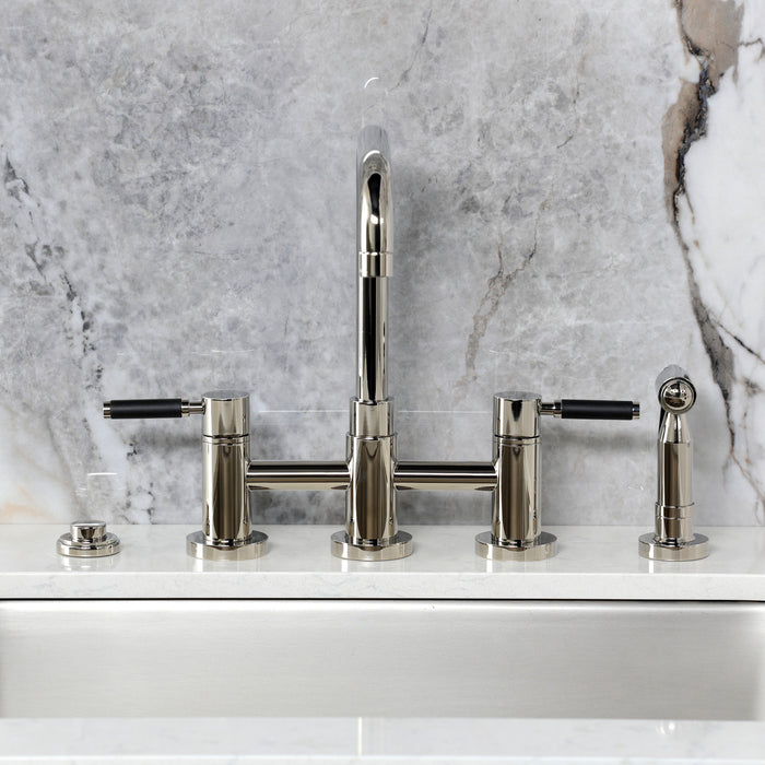 Kingston Sona KS8286DKLBS - Kaiser Two-Handle 4-Hole Deck Mount Bridge Kitchen Faucet with Brass Sprayer, Polished Nickel