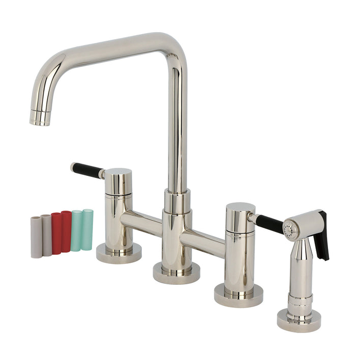 Kingston Sona KS8286DKLBS - Kaiser Two-Handle 4-Hole Deck Mount Bridge Kitchen Faucet with Brass Sprayer, Polished Nickel