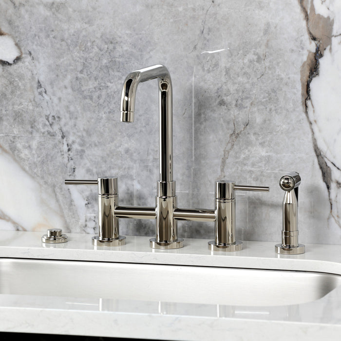 Kingston Sona KS8286DLBS - Concord Two-Handle 4-Hole Deck Mount Bridge Kitchen Faucet with Brass Sprayer, Polished Nickel