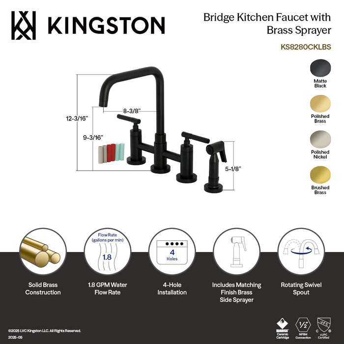 Kingston Sona KS8287CKLBS - Kaiser Two-Handle 4-Hole Deck Mount Bridge Kitchen Faucet with Brass Sprayer, Brushed Brass