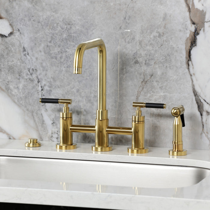 Kingston Sona KS8287CKLBS - Kaiser Two-Handle 4-Hole Deck Mount Bridge Kitchen Faucet with Brass Sprayer, Brushed Brass